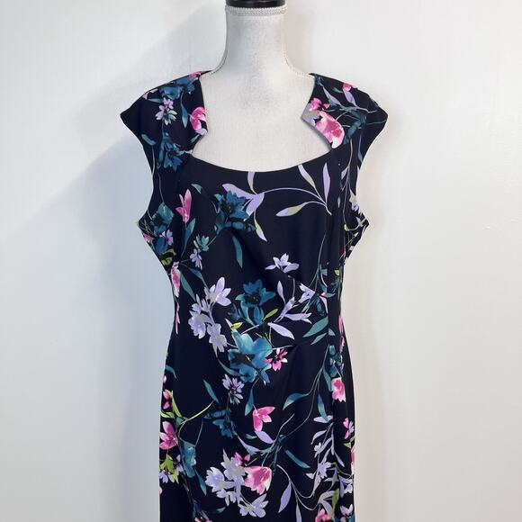 Connect Apparel Dress size 14 Navy Blue Pink Floral Stretch Knee Wedding Church - Picture 2 of 10
